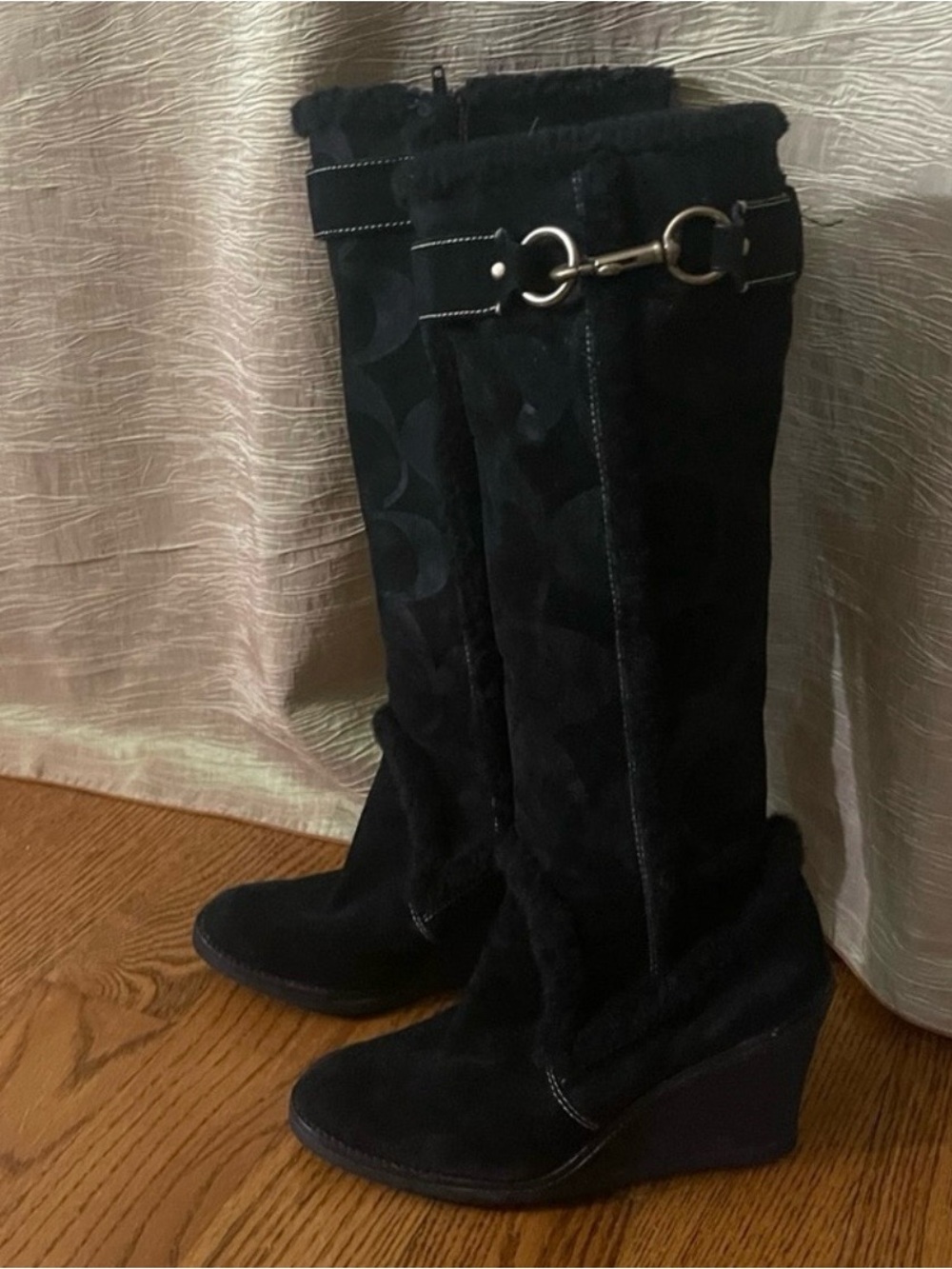 Coach Black Suede Wedge Knee-High Boots with Horsebit Detail